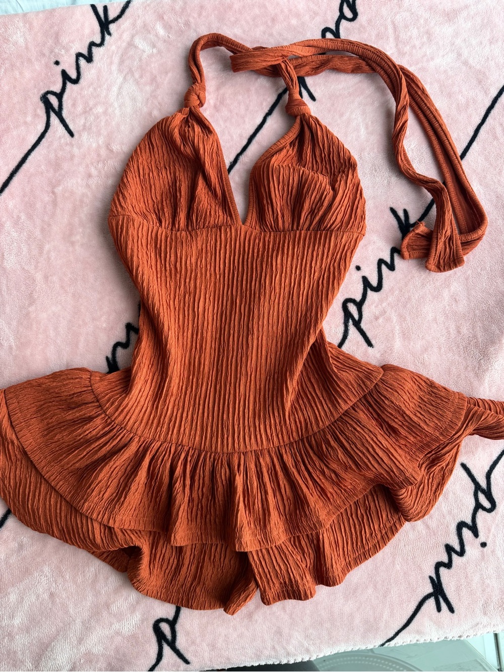 Rust Orange Halter Ruffle Romper